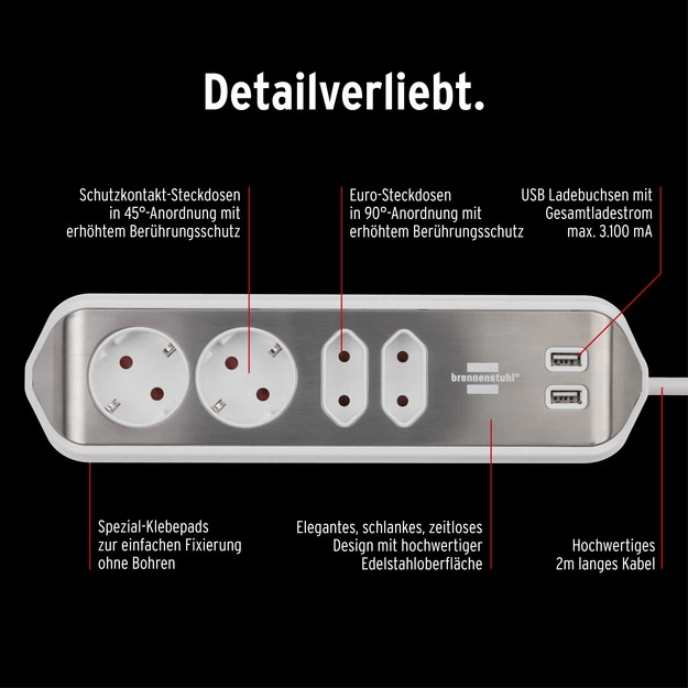 Удлинитель Brennenstuhl Estilo 4 розетки 2 USB порта 2 м Белый (1153590420) - Фото 15 Удлинитель Brennenstuhl Estilo 4 розетки 2 USB порта 2 м Белый (1153590420) - изображение 15