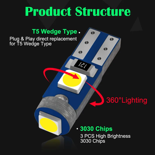 Автолампа светодиодная T5 W2x4.6d, 3030 х 3 smd, синий, 12 В - Фото 4 Автолампа светодиодная T5 W2x4.6d, 3030 х 3 smd, синий, 12 В - изображение 4