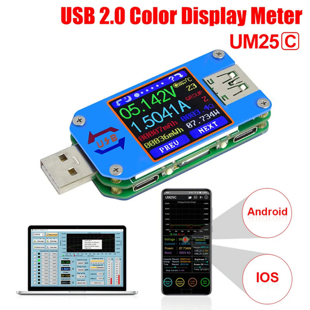 USB тестер струму напруги ємності споживання RD UM25C Bluetooth ...