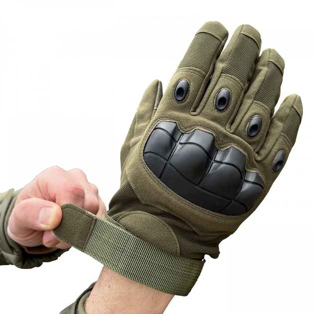 Тактичні рукавички штурмові повнопалі військові колір олива з ударними накладками розмір L - изображение 1