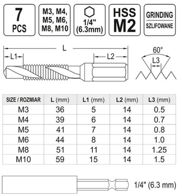Набір свердел та мітчиків YATO YT-44849 М3-М10, HSS М2 7 шт - Фото 4 Набір свердел та мітчиків YATO YT-44849 М3-М10, HSS М2 7 шт - зображення 4