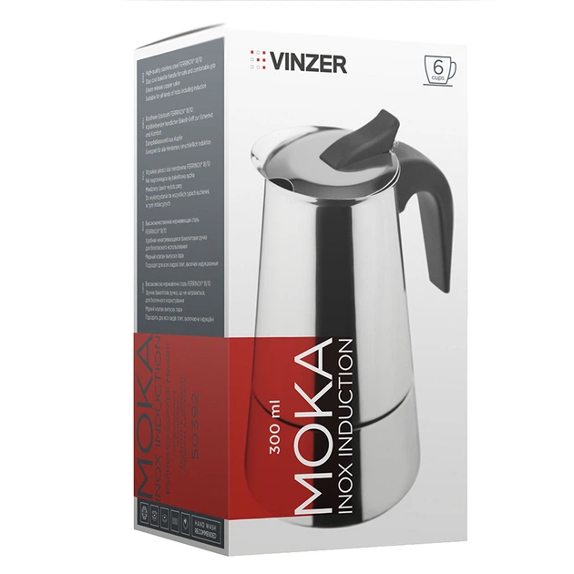 Кавоварка гейзерна Vinzer Moka Inox Induction на 6 чашок 50392 - Фото 3 Кавоварка гейзерна Vinzer Moka Inox Induction на 6 чашок 50392 - зображення 3