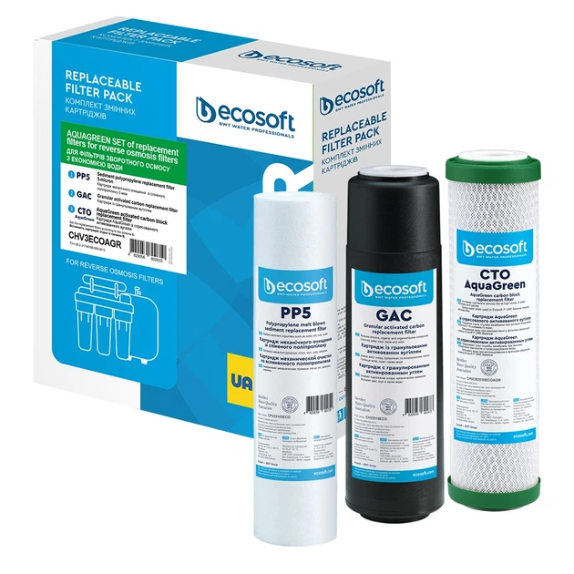 Улучшенный комплект картриджей Ecosoft 1-2-3 для фильтров обратного осмоса с функцией экономии воды (CHV3ECOAGR) - изображение 2