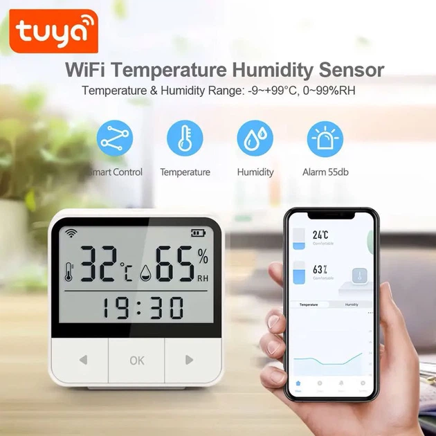 Wifi смарт датчик температури та вологості, годинник Tuya Temperature & Humidity Sensor, віддалений моніторинг - зображення 4
