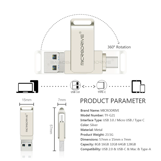 Металлическая USB Флешка 3в1 256GB Type-C/MicroUSB/USB 3.0 для телефона/компьютера OTG MicroDrive Серый - Фото 7 Металлическая USB Флешка 3в1 256GB Type-C/MicroUSB/USB 3.0 для телефона/компьютера OTG MicroDrive Серый - изображение 7