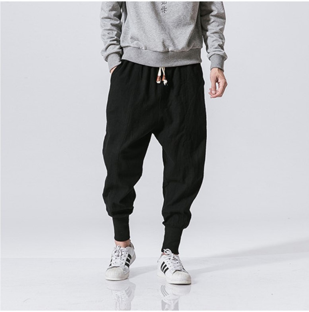 Мужские брюки свободные льняные плотные широкие штаны черные в японском ...