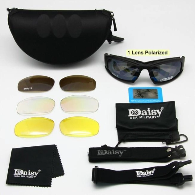 Тактические очки с поляризацией DAISY X7 чёрные, очки для военных, 4 комплекта сменных линз 1.5 мм, в футляре с карабином - изображение 2