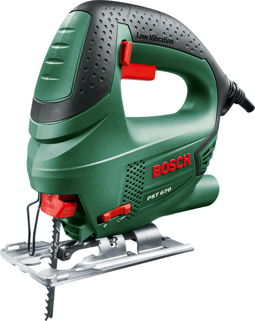 Лобзик электрический Bosch PST 670, 500 Вт, 67 мм глубина реза + набор пильных полотен + кейс + накладки от сколов (06033A0722) - изображение 3
