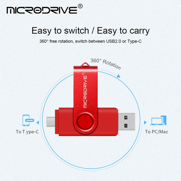 USB Флешка 2в1 64ГБ Type-C/USB для телефона, компьютера OTG Microdrive ...