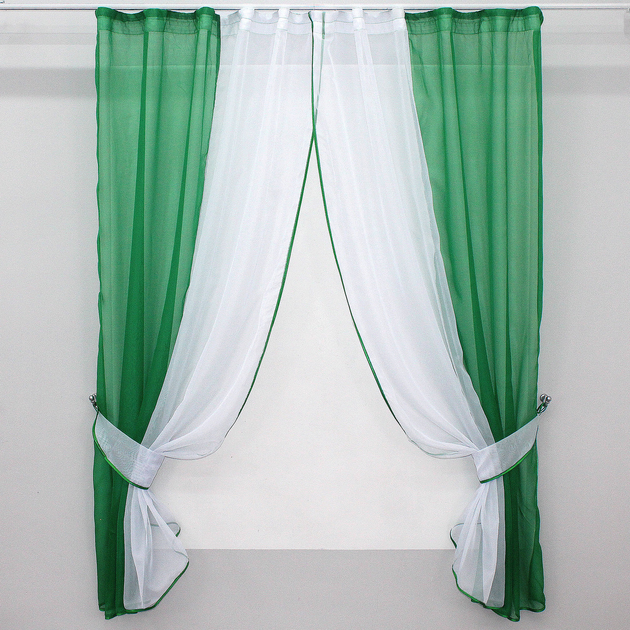 Акція на Комплект кухонних штор VR-Textil № 017к з підв'язками на карниз 1 - 1.5 м 265х170 см Зелений з білим (50-861) від Rozetka