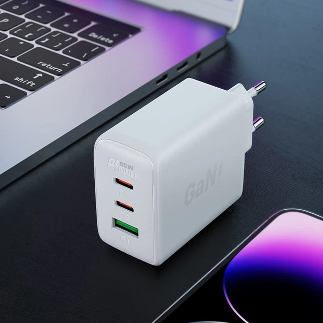 Сетевое зарядное устройство ACEFAST GaN A41 |2Type-C/1USB, 65W/5A, PD/QC| адаптер с быстрой зарядкой White - изображение 4