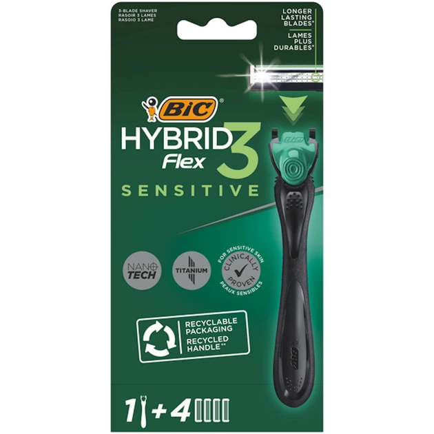 Бритва Bic Flex 3 Hybrid Sensitive с 4 сменными картриджами (3086123644977) - Фото 1 Бритва Bic Flex 3 Hybrid Sensitive с 4 сменными картриджами (3086123644977) - изображение 1