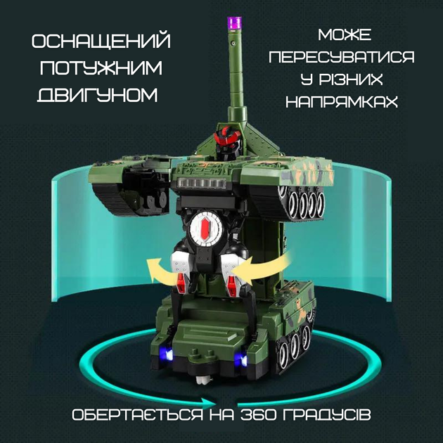 Игрушка Робот Трансформер Танк на Радиоуправлении со Светом и Звуком + Вращение на 360° на Аккумуляторе Зеленый - изображение 3