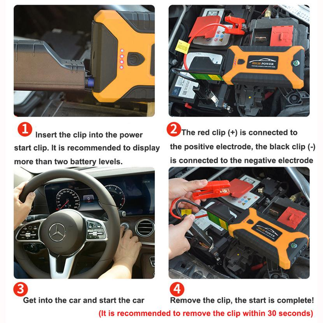 Пускозарядное устройство Jump Starter 600 А-88000mAh №2 PowerBank, фонарь, дисплей, 4USB, кейс, Черно-желтый + Компрессор - изображение 3