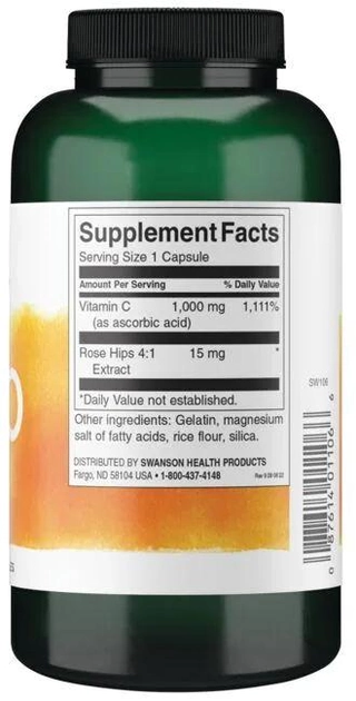 Вітамін C Swanson Vitamin C with Rose Hips 1000 мг 250 капсул (SW106) - зображення 2