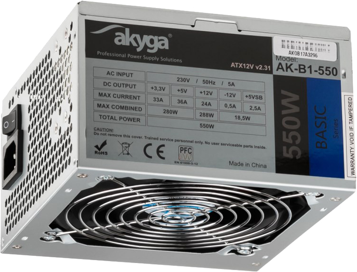 Блок живлення AKYGA power supply unit 550 W 20+4 pin ATX ATX Grey (AK-B1-550) - зображення 1
