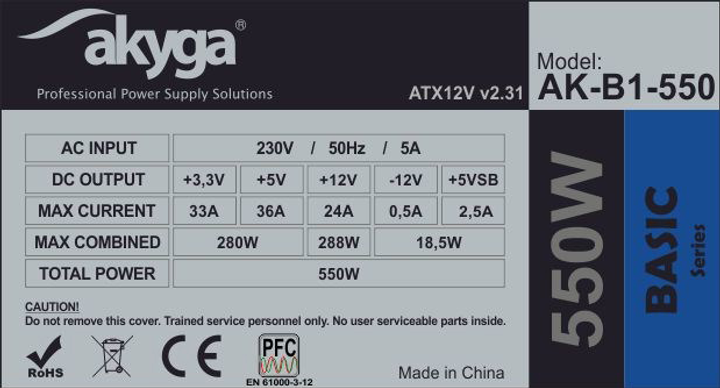 Zasilacz AKYGA 550 W 20+4 pin ATX ATX Szary (AK-B1-550) - obraz 4