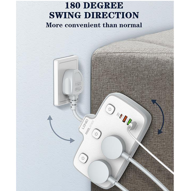 Удлинитель сетевой LDNIO SC2413 |20W/10A, 3USB/1Type-C, 2розетки, 2.5 см| Белый - Фото 6 Удлинитель сетевой LDNIO SC2413 |20W/10A, 3USB/1Type-C, 2розетки, 2.5 см| Белый - изображение 6