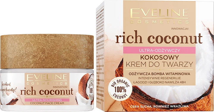 Ультра-питательный крем для лица Eveline Cosmetics Rich Coconut Face Cream Обогащенный кокосовым маслом 50 мл (5903416030249) - Фото 1 Ультра-питательный крем для лица Eveline Cosmetics Rich Coconut Face Cream Обогащенный кокосовым маслом 50 мл (5903416030249) - изображение 1