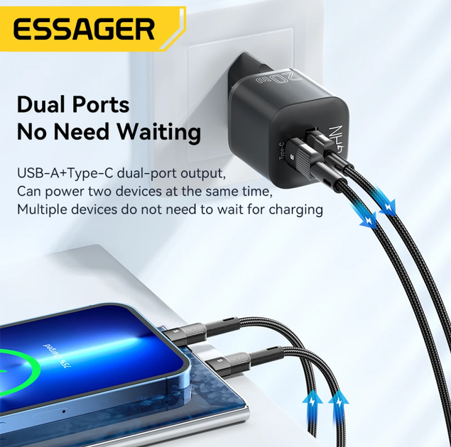 Блок для зарядки телефону Essager 20 Вт вхід Type C та USB чорний - Фото 3 Блок для зарядки телефону Essager 20 Вт вхід Type C та USB чорний - зображення 3