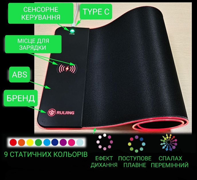 Игровая поверхность RUIJING-Qi 300х800х4 мм 15 Вт RGB черный с беспроводным зарядным устройством - изображение 3