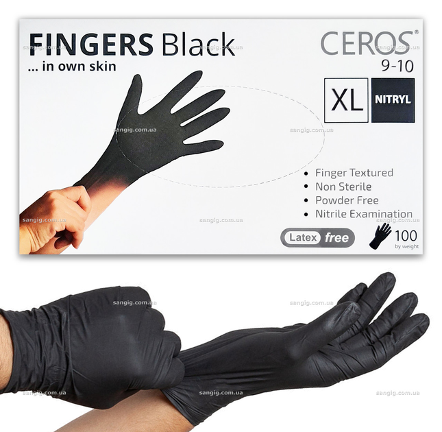 Нитриловые перчатки Ceros, плотность 3.6 г. - Black - Черные (100 шт) XL (9-10) - изображение 1