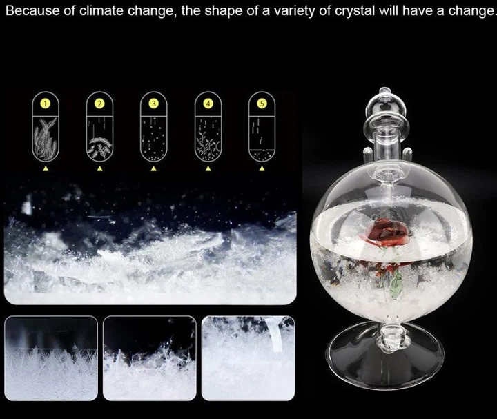 Барометр Штормгласс RESTEQ глобус большой, капля Storm glass на стеклянной подставке с красной розой - изображение 3