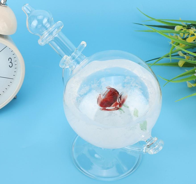 Барометр Штормгласс RESTEQ глобус большой, капля Storm glass на стеклянной подставке с красной розой - изображение 5