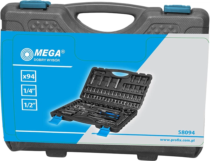 Набір тріскачка 1/2" та 1/4" з набором біт та головок 94 шт Mega 58094 - изображение 2
