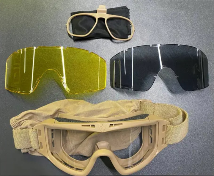 Англійські тактичні окуляри-маска Goliath із трьома змінними лінзами Desert Storm - зображення 1