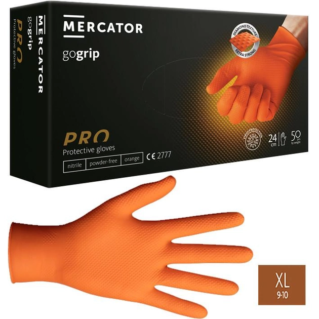 Нитриловые перчатки Cупер прочные Powergrip Mercator Medical, плотность 8.5 г. - оранжевые (50шт/25пар) XL - изображение 1