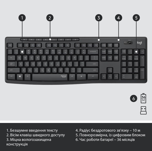 IT набір Logitech MK295 Silent Wireless Combo, US, Graphite (920-009800) (6836269) - изображение 4