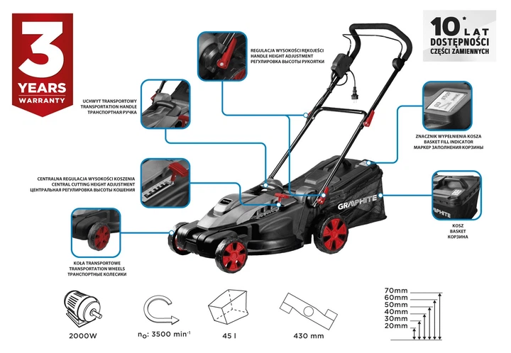 Kosiarka elektryczna Graphite 2000 W 43 cm 45 l 20-70 mm 14 kg 59G475 (5902062082954) - obraz 14