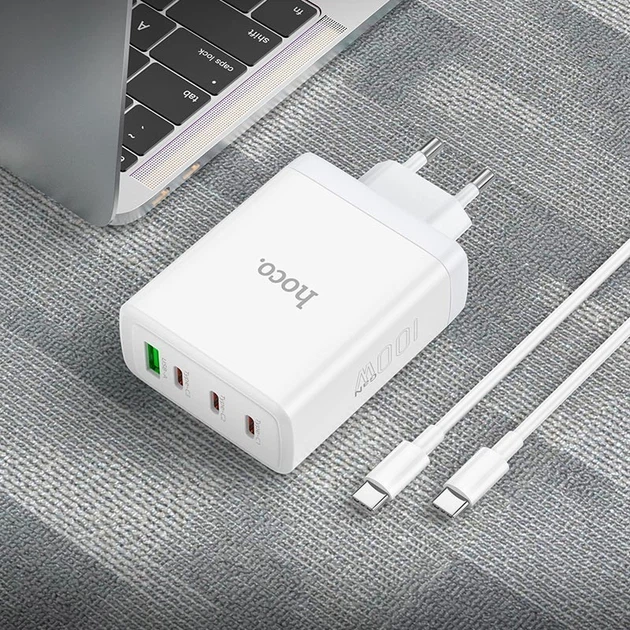 Блок питания Hoco 100W GaN Quick Charger |1xUSB/3xType-C, QC/PD, 5A| + кабель USB-C 100W для MacBook/Huawei/Samsung/Asus/Google/Lenovo white - Фото 7 Блок питания Hoco 100W GaN Quick Charger |1xUSB/3xType-C, QC/PD, 5A| + кабель USB-C 100W для MacBook/Huawei/Samsung/Asus/Google/Lenovo white - изображение 7
