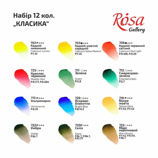 Набір акварельних фарб Rosa Gallery Класика 12 кольорів кювета (4823098502838) - изображение 3