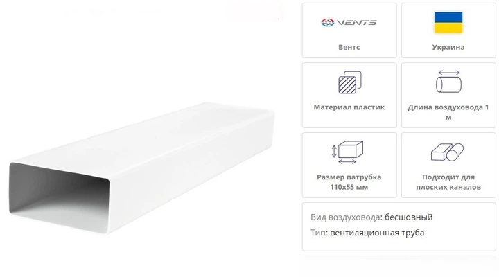 Канал плоский вентиляційний Vents 55х110 мм 1 м пластик - изображение 2