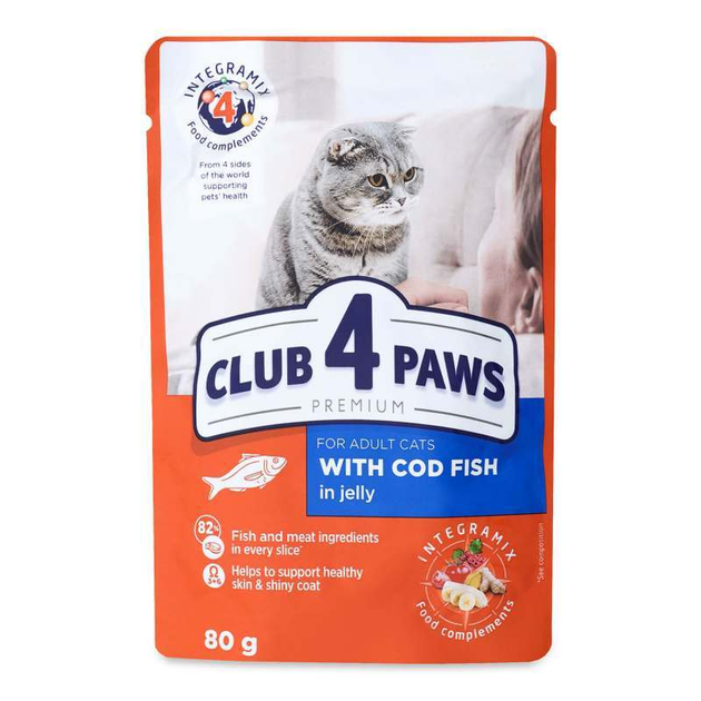 Влажный корм с треской для взрослых котов (кусочки в желе) Club 4 Paws ...