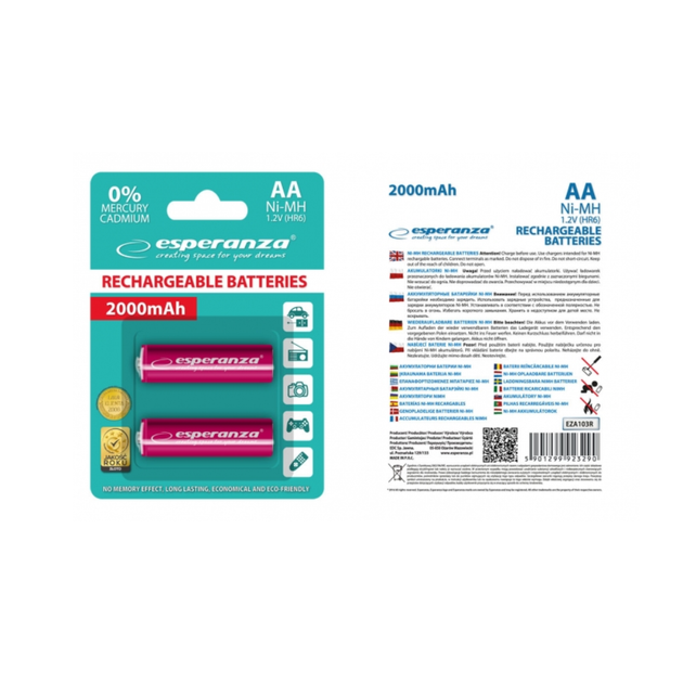 Аккумулятор Ni-MH Esperanza EZA103R AA/2000mAh в упаковке 2шт - Фото 2 Аккумулятор Ni-MH Esperanza EZA103R AA/2000mAh в упаковке 2шт - изображение 2