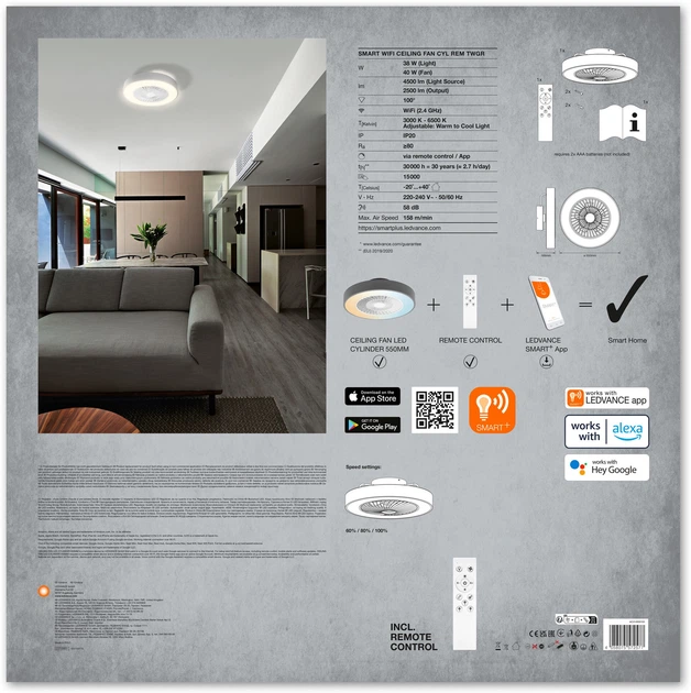 Світильник стельовий с вентилятором LEDVANCE SMART WIFI Ceiling Fan LED Cylinder 55 см 38W 3000-6500К 2500Lm (4058075572577) - зображення 5