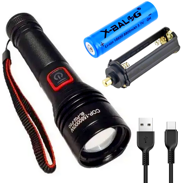 Потужний ліхтар ручний 15 Вт, Акумулятор 8800 mAh, з USB-Type-C заряджання та ZOOM, X-Balog BL-P02-P50 - Фото 3 Потужний ліхтар ручний 15 Вт, Акумулятор 8800 mAh, з USB-Type-C заряджання та ZOOM, X-Balog BL-P02-P50 - зображення 3