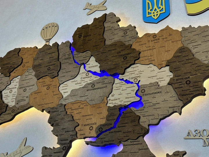 Настенная 3D карта Украины 100x70см з подсветкой Днепра на акриле, в максимальной комплектации, GOODMARK - изображение 3