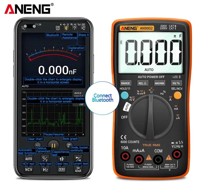 Цифровой мультиметр Aneng AN9002 True RMS Bluetooth погрешность: ±0,5%, отсчетов: 6000, NCV, температура - Фото 4 Цифровой мультиметр Aneng AN9002 True RMS Bluetooth погрешность: ±0,5%, отсчетов: 6000, NCV, температура - изображение 4