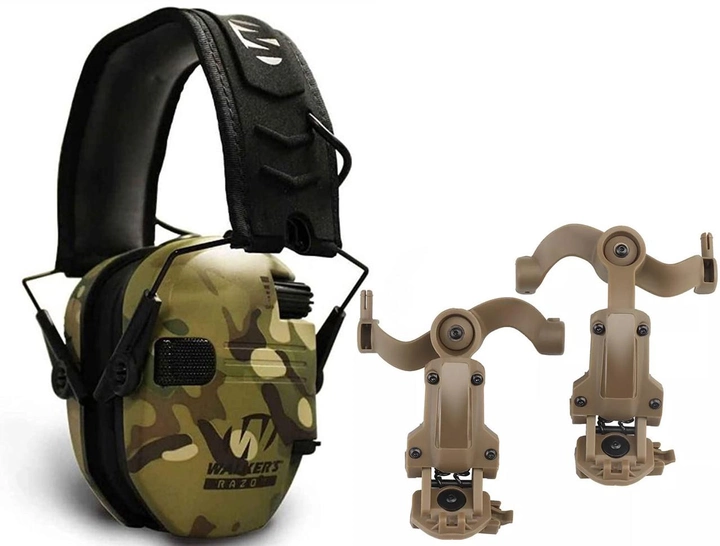 Комплект Активные наушники Walker's Razor Slim Multicam + крепления на шлем "Чебурашка" Койот - изображение 1