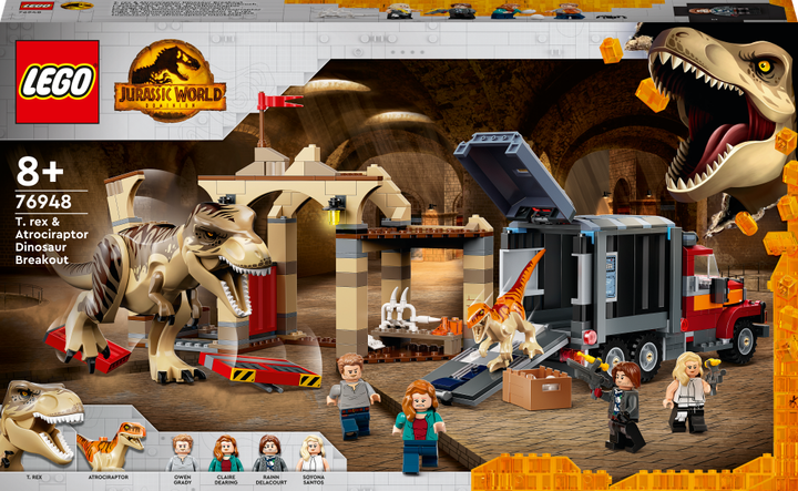 Zestaw klocków LEGO Jurassic World Ucieczka tyranozaura i atrociraptora 466 elementów (76948) - obraz 1