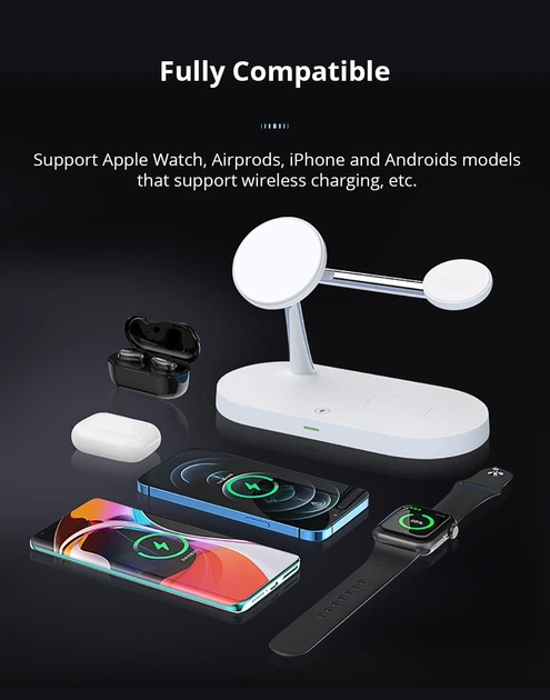 Док станція з бездротовою зарядкою Qi 5in1 Proda PD-W6 |5-15W, Watch/AirPods/Phone, підсвітка| white - зображення 2