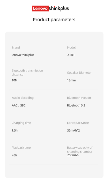 Бездротові навушники Lenovo ThinkPlus XT88 TWS Bluetooth 5.3 Чорні - зображення 10