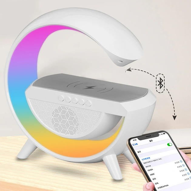 Портативная колонка Bluetooth 3в1 SUNROZ WirelessCharger R99 с RGB ночником и беспроводной зарядкой Белый - изображение 14