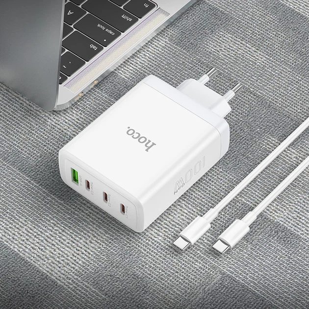 Зарядное устройство с быстрой зарядкой PD100W + кабель Type-C HOCO N31 |3Type-C/1USB, 100W/5A, PD/QC| Белый - Фото 8 Зарядное устройство с быстрой зарядкой PD100W + кабель Type-C HOCO N31 |3Type-C/1USB, 100W/5A, PD/QC| Белый - изображение 8