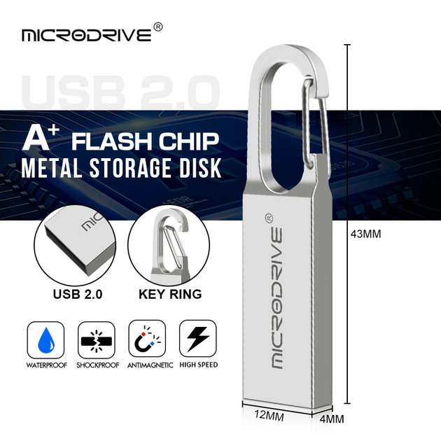 Металева флешка з карабіном для комп'ютера USB 2.0 64GB MicroDrive Сірий - зображення 5