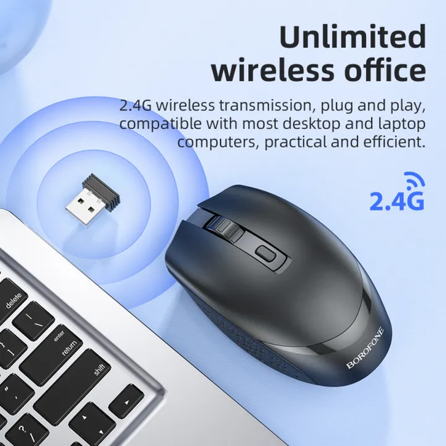 Wireless Миша Borofone BG7 2.4G optical, 1000-1600 DPI, 1хАА Чорний - зображення 5
